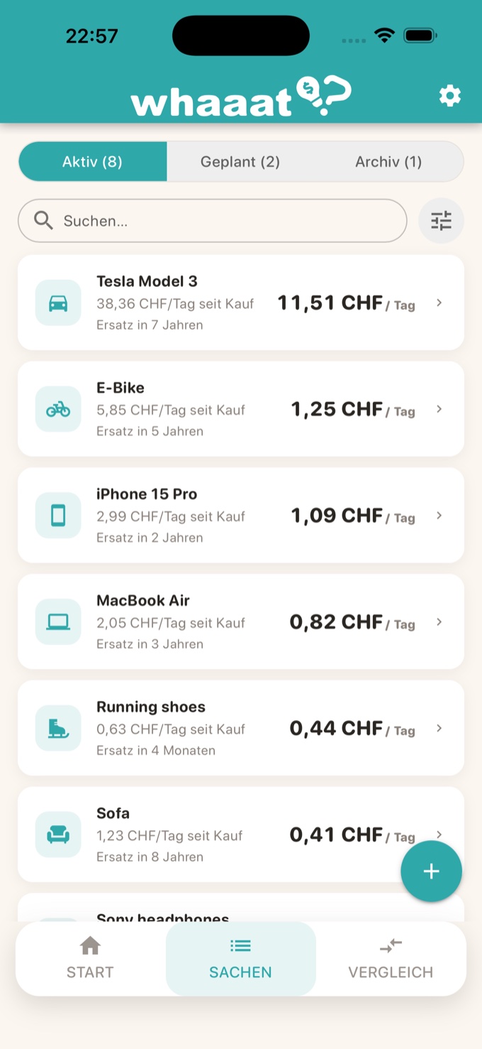 Liste des objets, cherchable et triée par coût par jour